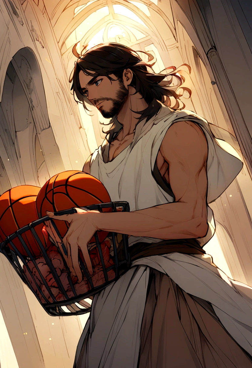 a shrimp making a basketball basket while Jesus is behind him