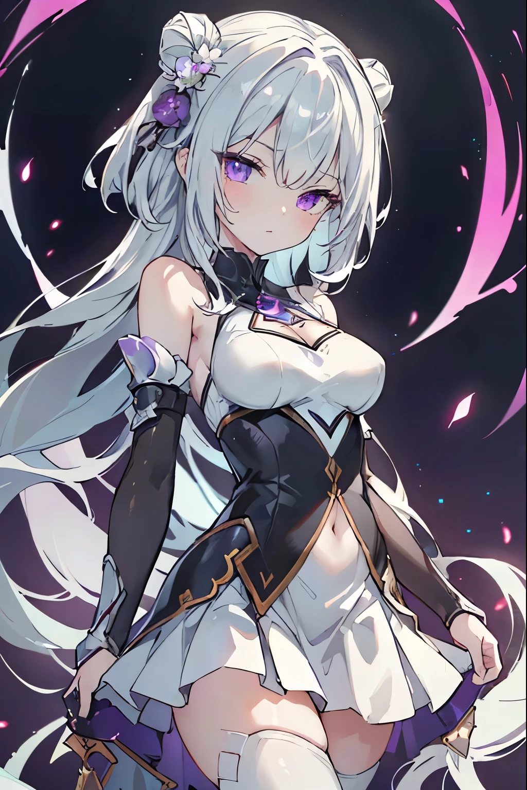 1girl, アニメ, cute girl, blank background, white background, fantasy, detailed fantasy dress with highlights, beautiful face, beautiful eyes, dark colors, black hair with multicolor streaks, red eye with different color pupil in eye, multicolor eye, medium breasts, slight cleavage, beautiful skin, cute, breast curtains, extremely delicate and beautiful, (beautiful detailed face:1.0), (detailed deep eyes), symmetrical breasts, deep eyes, shiny skin, portrait, slender waist, hips wider than shoulders, thighs, expressionless, young girl, luminous eyes, adorable，（Kpop idol）,（aegyo sal：1），（Platinum blonde hair：1），（（puffy eye）），Black panty，sexy posture，Superskirt, Ultra-high resolution，Black collar，slim figure, Abdominal y tattoo, womb tattoo，Tight-fitting leg ring，y tattoo on half-body，Bare skin, Armored hand，Hidden fingertips，Hand covered，Arm covered，Fist covered,{{beautiful detailed fingers}}, tufts of hair, moderate beautiful breast:1.0,(masterpiece:1.2), best quality, high-res, HDR, perfect face, intricate armor, delicate blue filigree, intricate filigree, red metalic parts, detailed part, dynamic pose, dynamic lights, cute face, neutral expression, shuimobysim, lotus, Hanfu, maxi skirt, dress conservatively 1girl, 独奏, long blue hair, standing, One lady,14years,((White hair) ,(Shiny purple bodysuit with microskirt),((Fantasy, Moon Night)), gradient_eyes,