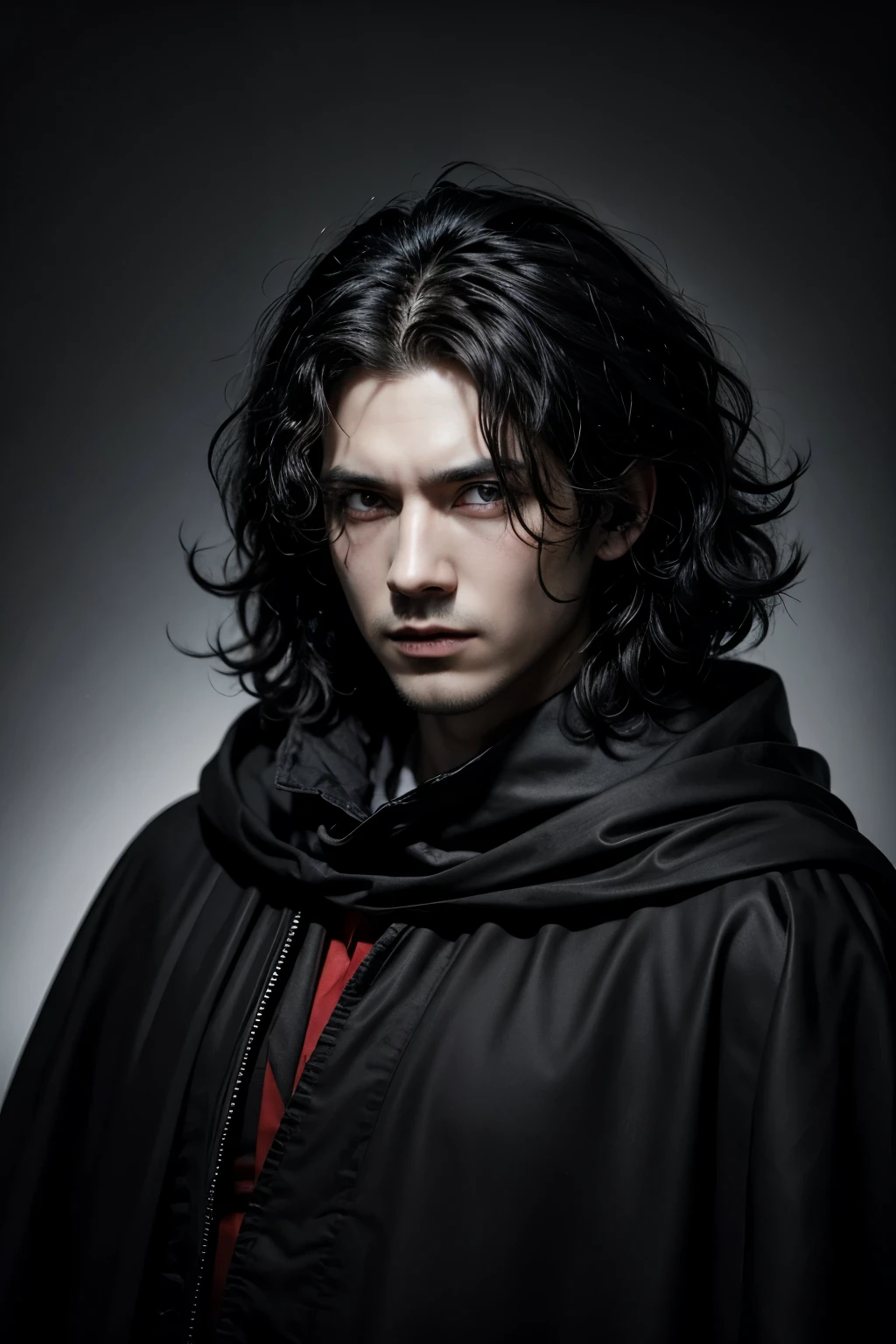 Red-eyed black big-haired man with black cloak