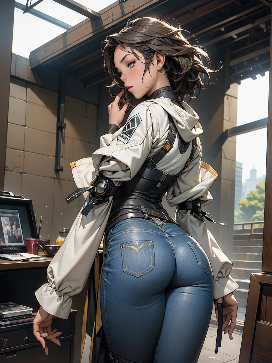 (((back view))), (((perfect ass))), (((best qualityer: 1.4))), (((Afro))), (((DuneWalker))), (((post-apocalypse))), (Unbeatable masterpiece), ((best qualityer)), ((work of art)), (detailded:1.4), 3d, an image of a beautiful woman with a perfect body wearing a yellow punk jacket with small spikes and short ripped denim shorts, black leather garter belt, hdr (high-range dynamics),ray tracing,nvidia RTX,Super-resolution,Irreal 5,underground dispersal,PBR Texturing,Post-processing,Anisotropic filtering,Depth of field,Maximum clarity and sharpness,Multilayer textures,Albedo and Specular Maps,Surface shading,Accurate simulation of light-material interaction,perfect proportions,octane rendering,Two-tone lighting,large aperture,Low ISO,White balance,rule of thirds,8K CRU,