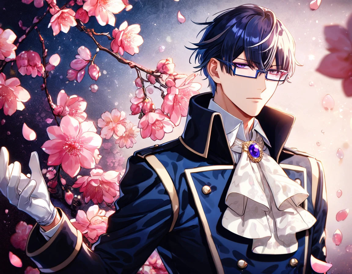 absurdres, highres, ultra detailed, HDR, master piece, best quality, Munakata Reisi, messy hair, dark black blue tinted hair, long side bangs, expressive purple eyes, K Project, rectangular-shaped glasses, military uniform, a high collared long-sleeved dark blue trench coat, underneath his intricate coat, white shirt with an upturned collar, white fancy cravat, white gloves, solo, sexy man, handsome, fantasy, shining, water, pink flowers, pink blossoms, pink butterflies, pink petals
