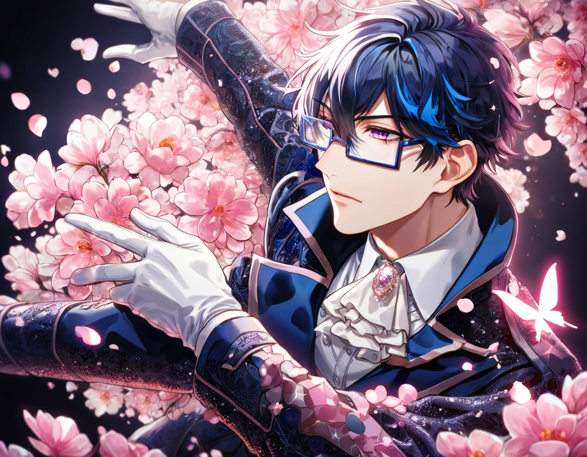 absurdres, highres, ultra detailed, HDR, master piece, best quality, Munakata Reisi, messy hair, dark black blue tinted hair, long side bangs, expressive purple eyes, K Project, rectangular-shaped glasses, military uniform, a high collared long-sleeved dark blue trench coat, underneath his intricate coat, white shirt with an upturned collar, white fancy cravat, white gloves, solo, sexy man, handsome, fantasy, shining, water, pink flowers, pink blossoms, pink butterflies, pink petals