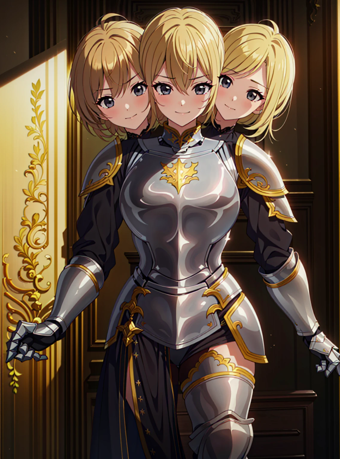 (masterpiece),(ultra-detailed), (high quality), (high resolution), (best quality:1.5, highres, UHD), highres, absurdo, ultra detail, ultra quality, (3heads:1.5), 1girl, ((golden blonde hair)), thighs, (gray armor), female warrior, (fully armored), medium hair, (medieval outfit), (black eyes), armored chest piece, gorgeous female knight, Guild Clothes with Armor, Fantasyart:1.5, (1 Female Knight:1.5), Detailed and detailed depiction armor, (seductive smirk), detailed eyes