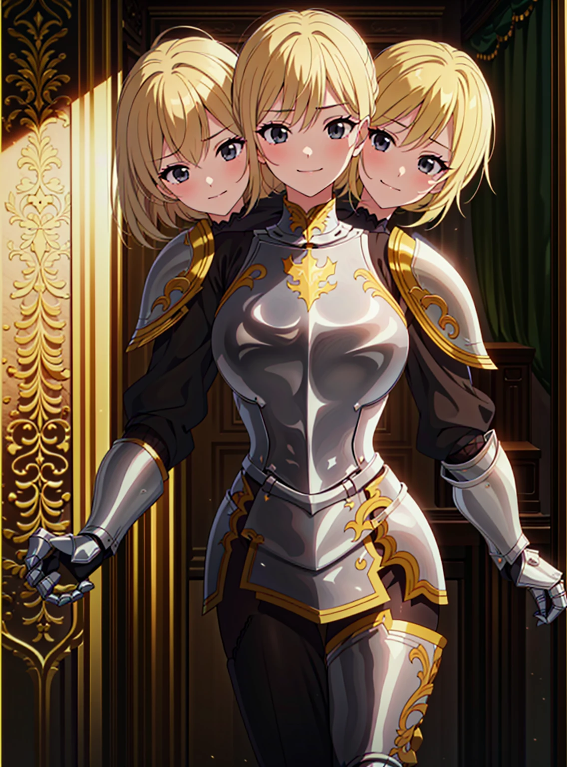 (masterpiece),(ultra-detailed), (high quality), (high resolution), (best quality:1.5, highres, UHD), highres, absurdo, ultra detail, ultra quality, (3heads:1.5), 1girl, ((golden blonde hair)), thighs, (gray armor), female warrior, (fully armored), medium hair, (medieval outfit), (black eyes), armored chest piece, gorgeous female knight, Guild Clothes with Armor, Fantasyart:1.5, (1 Female Knight:1.5), Detailed and detailed depiction armor, (seductive smirk), detailed eyes