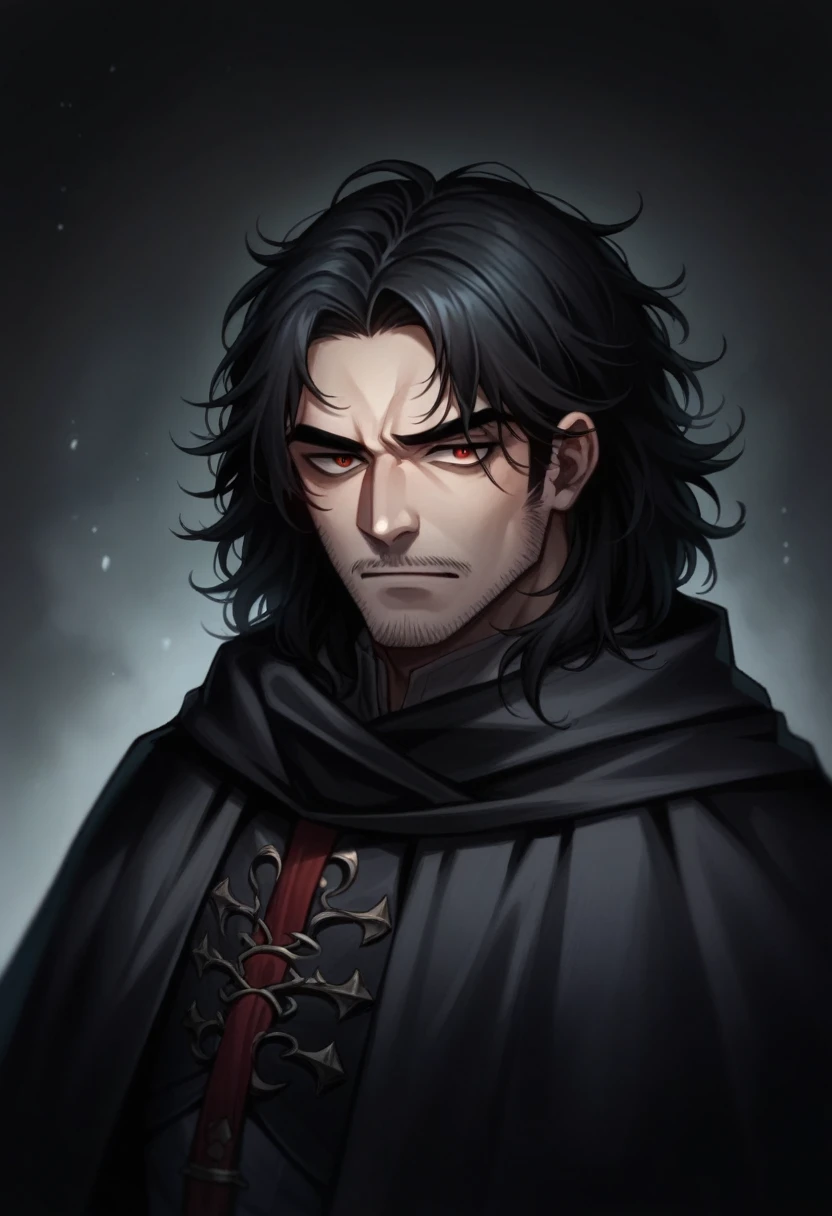arafed man with long black hair wearing a black cape, handsome male vampire, male vampire, male vampire of clan banu haqim, masami kurumada style, in a cape with long hair, wearing a black cape, like a medieval fantasy character, with her long black hair, wearing a black cape, portrait of merlin