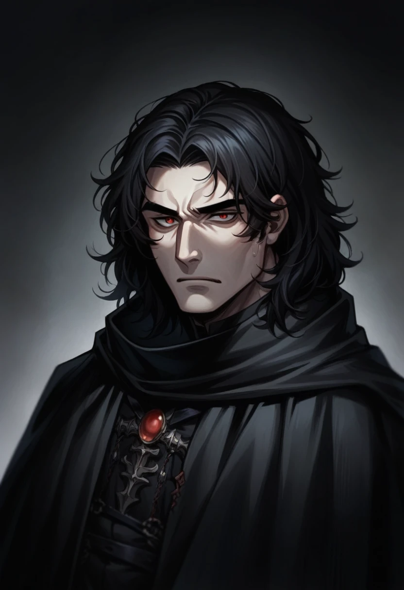arafed man with long black hair wearing a black cape, handsome male vampire, male vampire, male vampire of clan banu haqim, masami kurumada style, in a cape with long hair, wearing a black cape, like a medieval fantasy character, with her long black hair, wearing a black cape, portrait of merlin