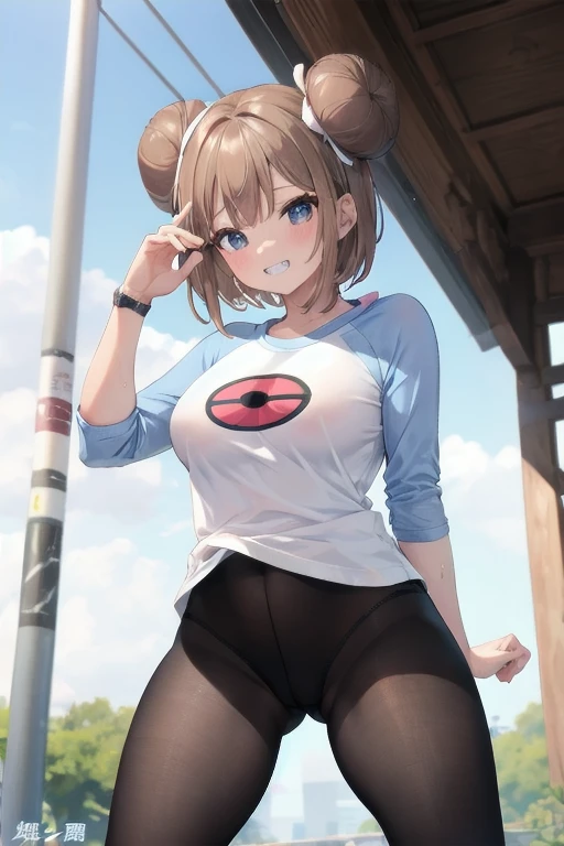 masterpiece, best quality, High resolution, b1, Hair Bun,Brown hair, black eyes, White pantyhose, Raglan sleeves, shirt, 乳首がshirtから透けて見える、pink ribbon, watch, Standing, Cowboy shooting, site, Monster Ball \(basic\), Grin、(Rosa_Pokémon)、(((From the lower thigh)))、sit on face、我手里拿着大腿Monster Ball、(((The opening of your legs)))、underwear,乳首がshirtから透けて見える、乳首がshirtから透けて見える、Fleshy,Broken hair in the ears,short hair,View from below,Pussy crack,Thick thighs,Cunt hair,Place your hands on your inner thighs,Wet underwear,Bun cunt,白色的Cunt hair
