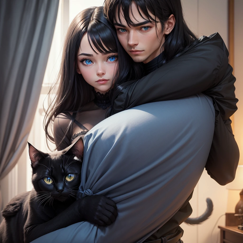  His pet is a black cat. The cat has blue eyes. she is hugging her black cat.