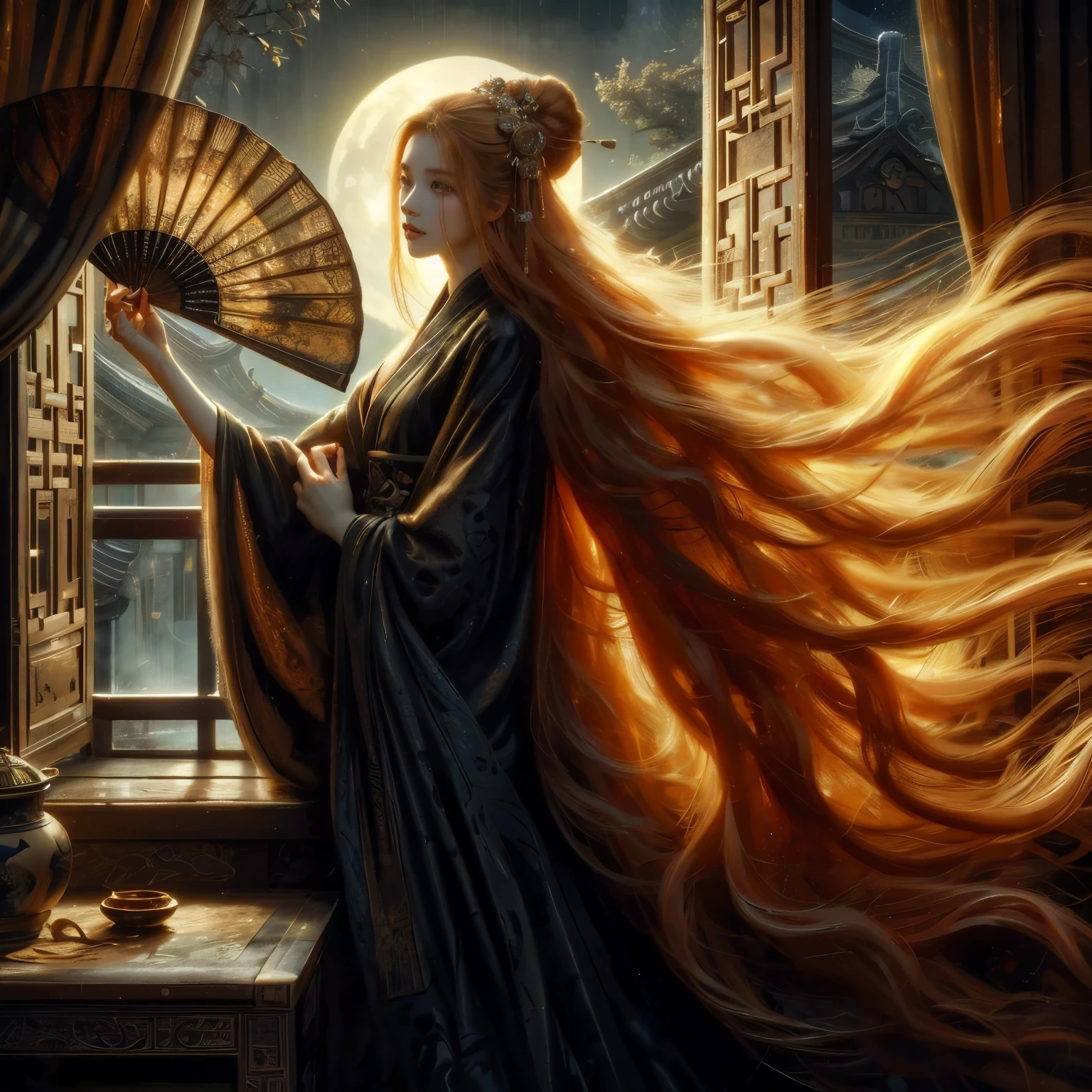 An ultra beautiful Asian woman long red-golden blonde hair, holding a very ultra ornate long black ancient liquored Asian fighting fan, wearing a long black Chinese womans dressing gown, in a darkened room of moonlight streak in through the opened balcony window, Chinese garden, night sky, black ink, in the style of Caravaggio, Fan Zhongzheng, and Da Vinci, 8k resolution, hyperdetailed, photorealistic, an oil painting art style, Sfumato,