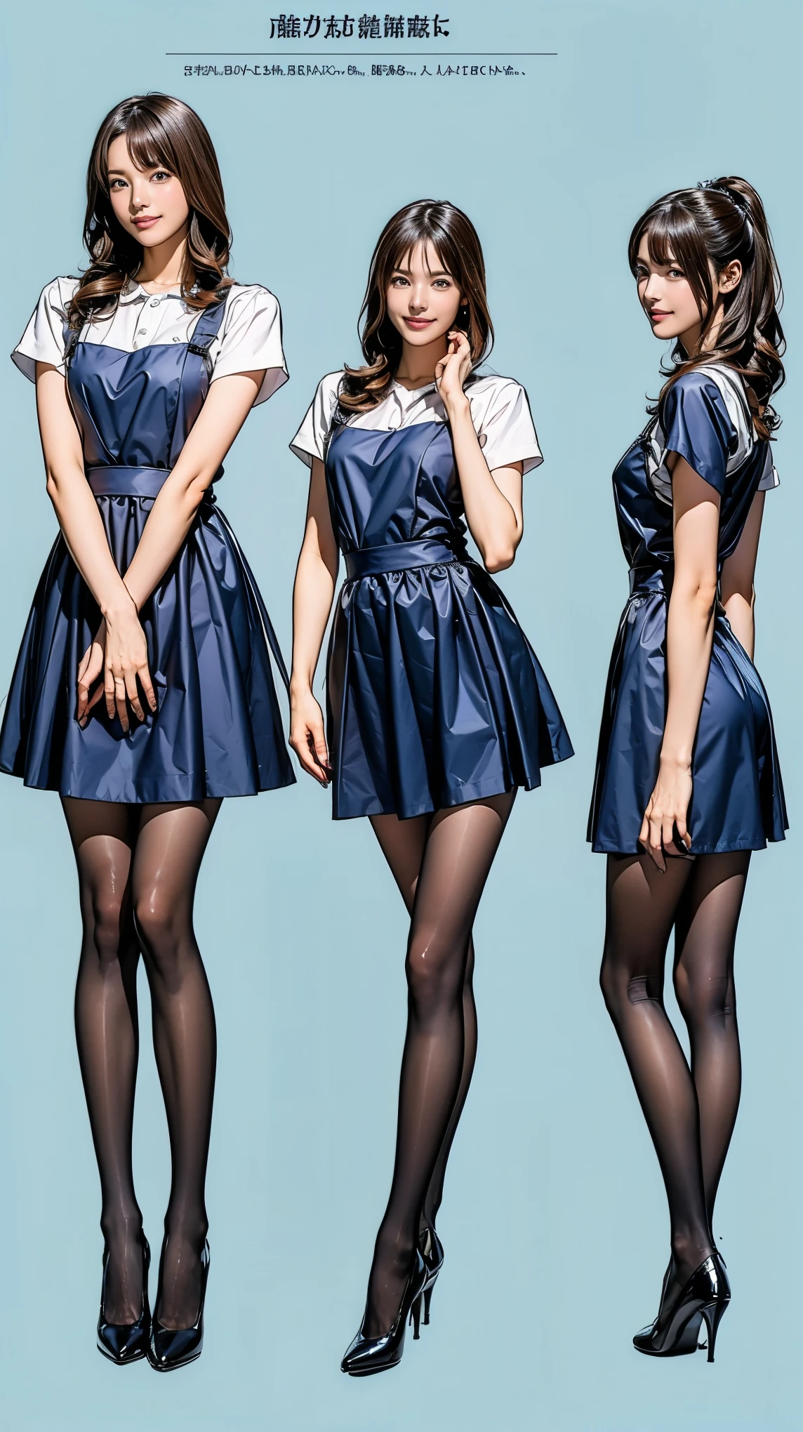 ((masterpiece)),(((Highest quality))),((Character design sheet)),Thin thighs,Long legs,Bunny girl in a light blue maid outfit:1.5，Wearing light blue tights:1.5，The best smile:1.5，Full Body Shot:1.5，Gray background:1.5，Wearing black high heels:1.5，short side waves:1.5，