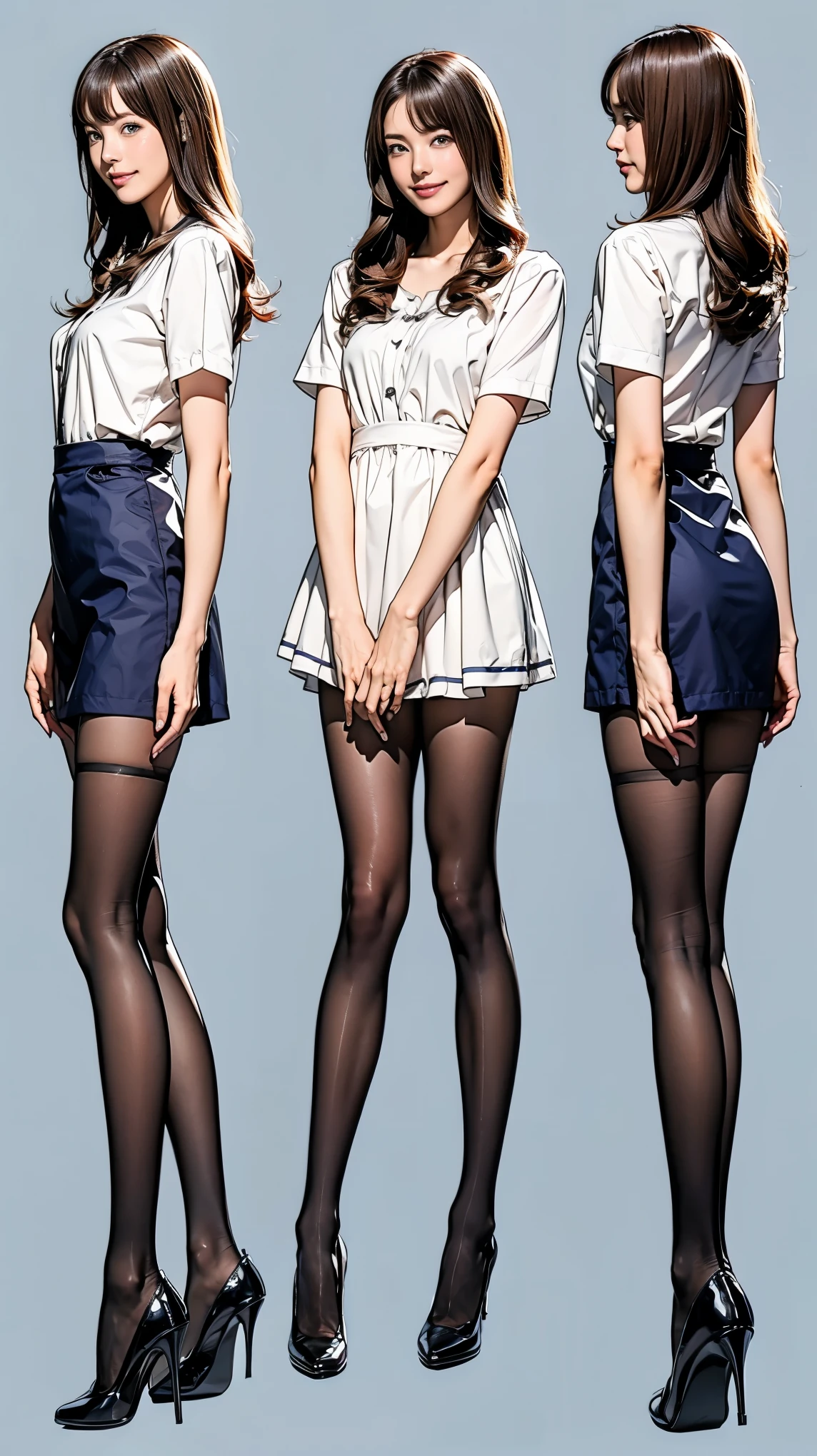 ((masterpiece)),(((Highest quality))),((Character design sheet)),Thin thighs,Long legs,Bunny girl in a light blue maid outfit:1.5,Wearing light blue tights:1.5,The best smile:1.5,Full Body Shot:1.5,Gray background:1.5,Wearing black high heels:1.5,short side waves:1.5,
