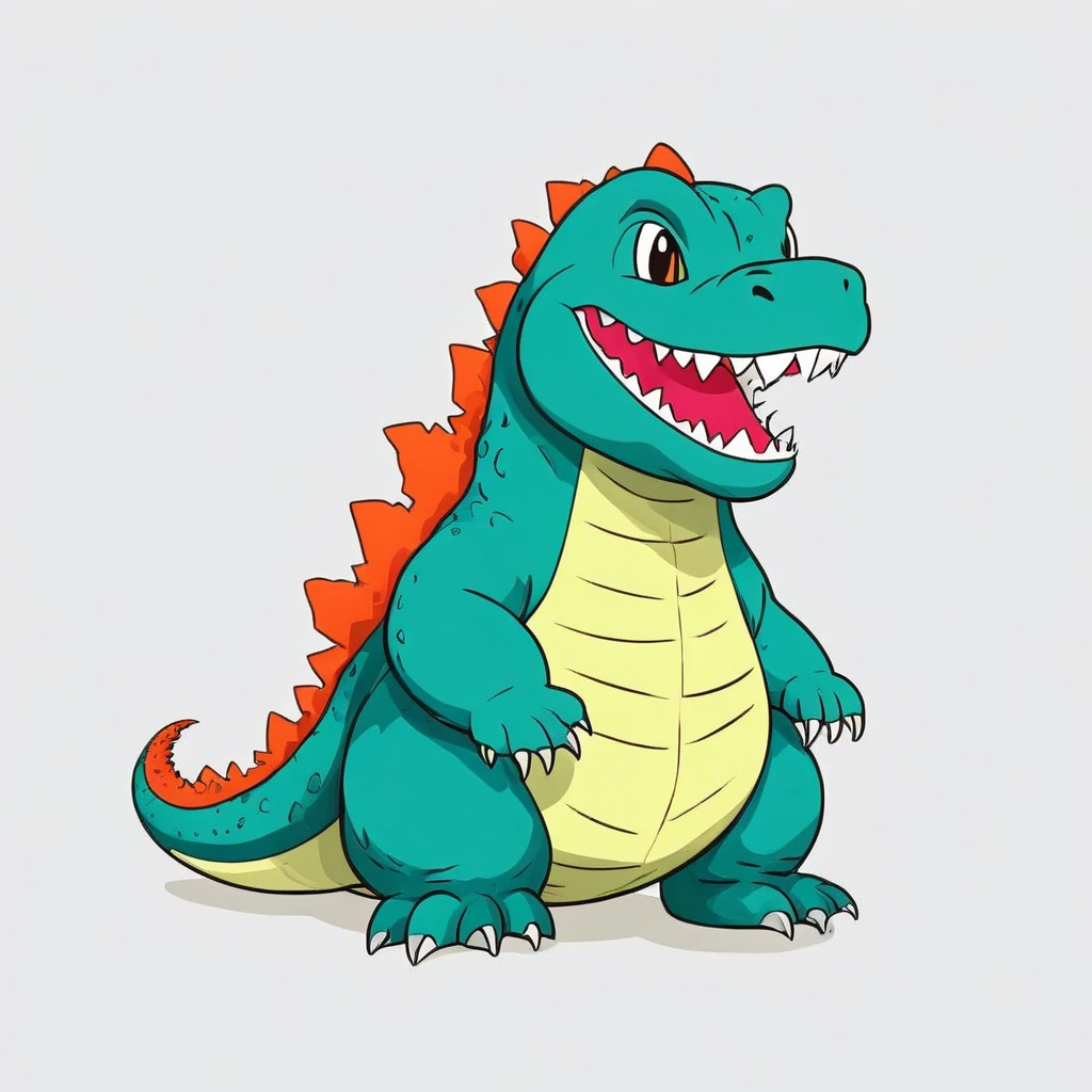 cute Godzilla smiling, vibrant colors, side view, simple cartoon, flat color cartoon illustration, simple and minimalist design, isolated on a white background,