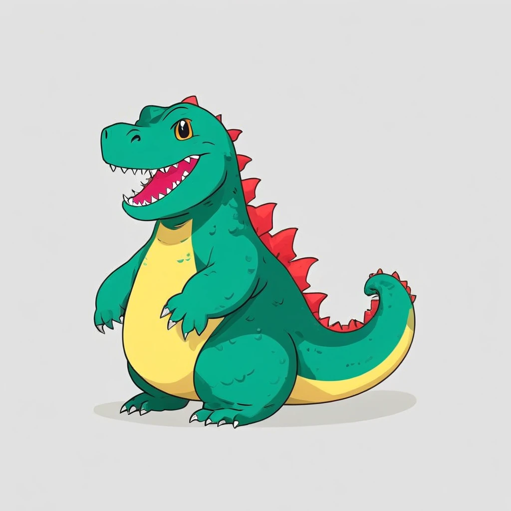 cute Godzilla smiling, vibrant colors, side view, simple cartoon, flat color cartoon illustration, simple and minimalist design, isolated on a white background,
