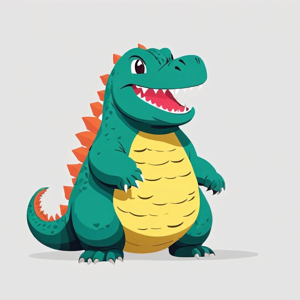 cute Godzilla smiling, vibrant colors, side view, simple cartoon, flat color cartoon illustration, simple and minimalist design, isolated on a white background,