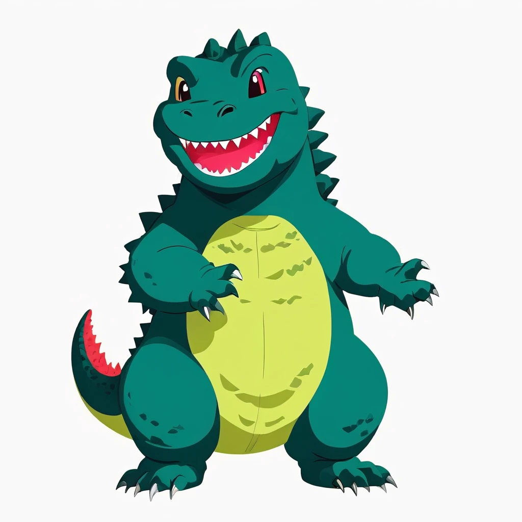cute Godzilla smiling, vibrant colors, side view, simple cartoon, flat color cartoon illustration, simple and minimalist design, isolated on a white background,