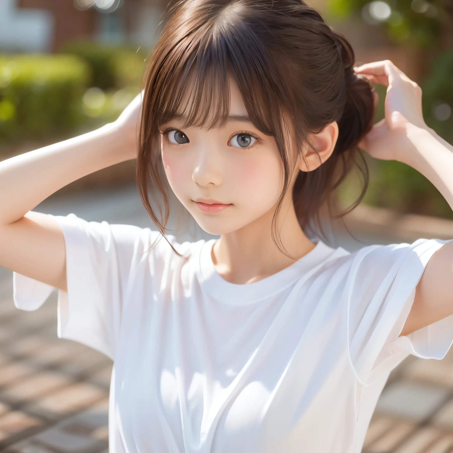 Asian, beautiful, thin, cute, 30th Generation, beautiful Face, beautiful Skin, actress, mature, Upper Body, Light brown hair, thin髪, Live Action, masterpiece, Highest quality, Highly detailed CG Unity 8K wallpaper, Ultra-high resolution, Casual Fashion, Lighting, Summer Fashion, (Natural brown hair: 0.8), (Puffy eyes), Watch the audience, turn around, Bleached Hair, Model pose, White Background, Delicate skin types, Light curly hair, Put your hands around your mouth, White T-shirt, Hair model photo