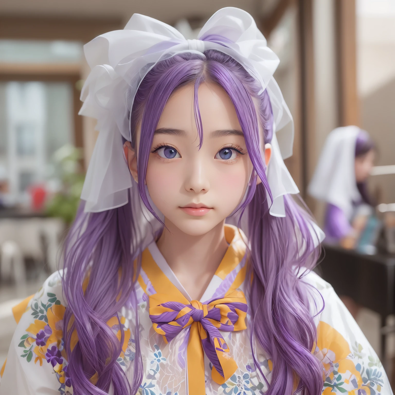 ((Hair color is purple : 1.3)), Her hairstyle is a bun（Chignon）A very large ribbon is tied to。When you remove the ribbon, your hair is long.。
With piercing eyes、The pupils may be dilated。
Tall and stylish、Being beautiful is admired by the same sex.、Even my grandpa is in love with me.。