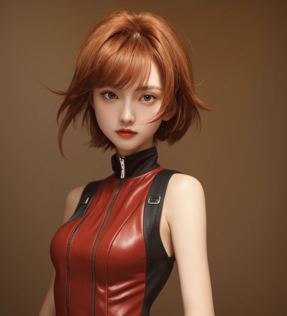 Regina "Dino Crisis", light brown eyes, (best qualityer, ultra detail), (realisitic:1.37), beautiful and detailed face, ultra-realisitic texture, Exquisite face, Delicate body, red lipgloss stick, shiny colors. High definition, 8k, serious expression.