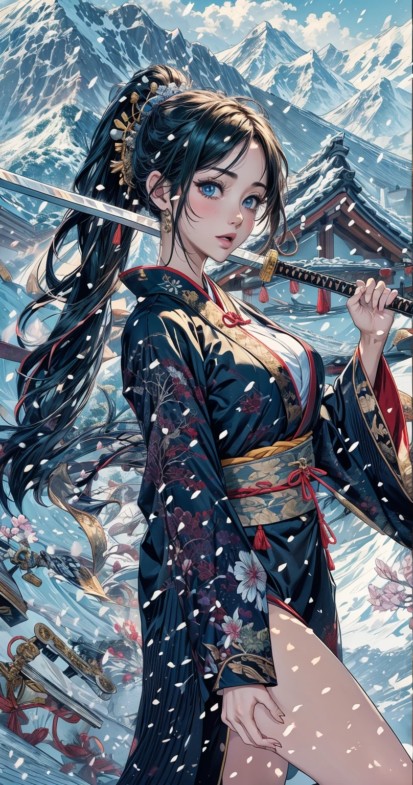 cute、Snow Mountain、Japanese House、He has a Japanese sword in his left hand.、Dark green kimono、Exposing thighs、it's snowing、silver world、Yellow-green floral kimono、The Japanese sword in his left hand shines brightly..、Japanese swords are long、The Japanese sword in his right hand is connected behind his head.、Wooden house in the mountains、Snow is piled up、遠景は非常に険しいSnow Mountain、