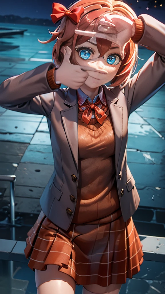 Sayori, Blue eyes, coral pink hair with red bow and lock between eyes, brown jacket, orange plaid sweater, white shirt tied at the neck with a red bow, navy blue skirt. Empty night forest illuminated by farol. Finger frame pose