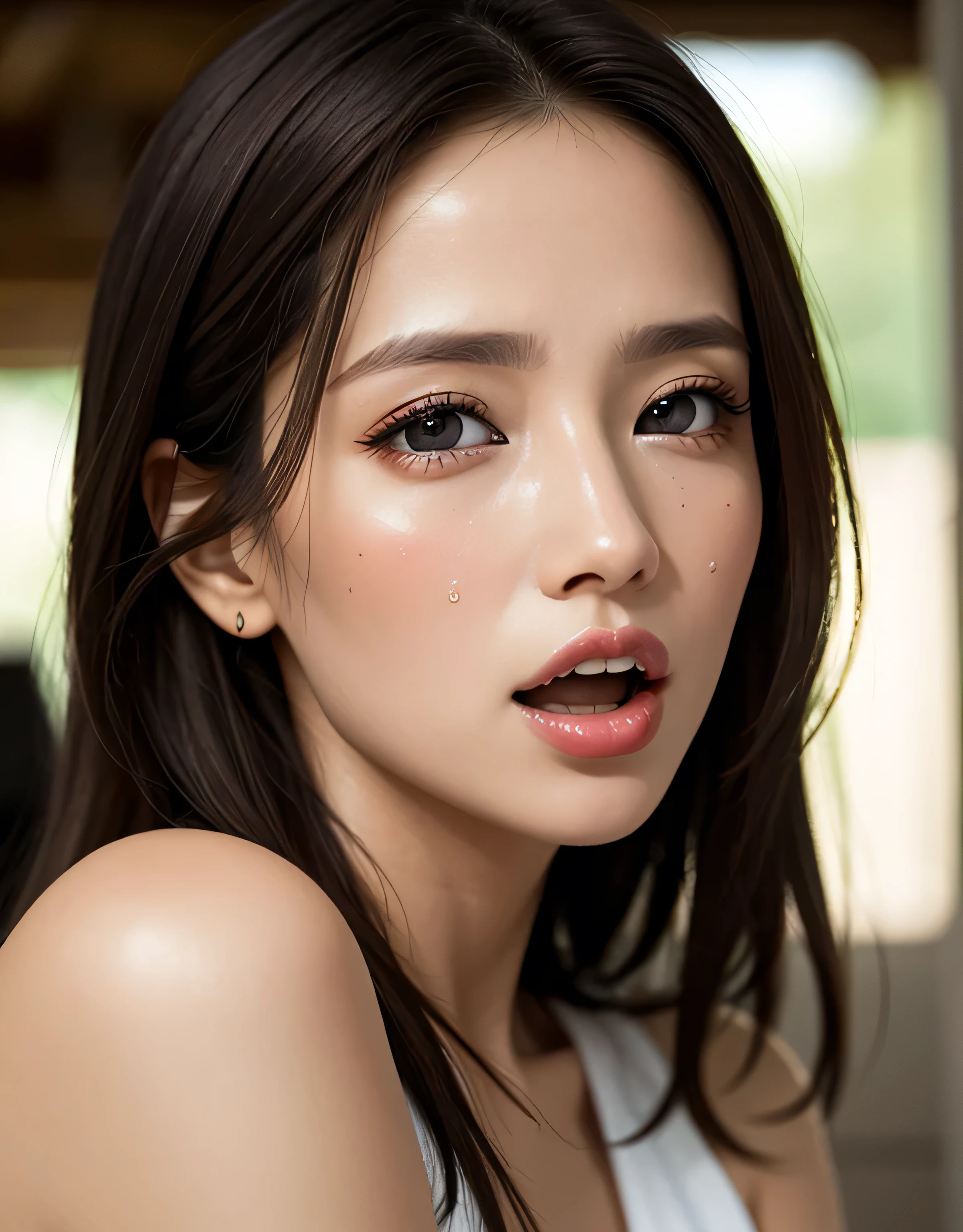(best quality, RAW photo, masterpiece), ultra high res, realistic, detailed skin texture, 1 girl, black long hair, double eye lids, thick lips, red lips, big tits, beautiful brown , naked body, ultra detailed face, ultra detailed skin, sweat body, wearing white pants, graphic pose, close up upper body, detailed eye ashes, dramatic lighting
