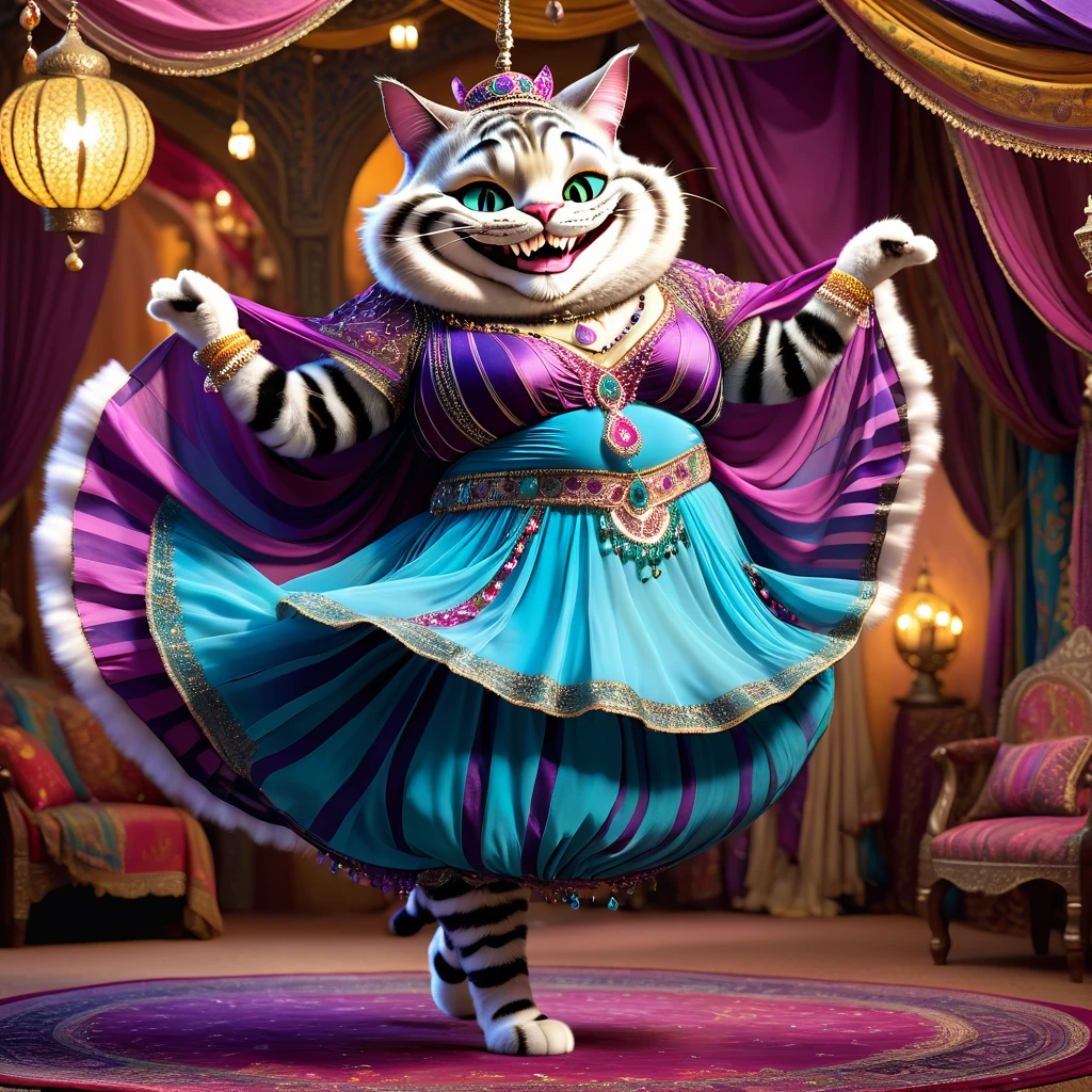 photorealistic portrait of Dressed animals - a ((fat)) ((Cheshire cat)) dancer,(furry), (dynamic dancing:2.0), (swinging arms :2.0),(smile:1.5),high quality,(happy),(lovely) ,intricate details, (sheer veil), highly detailed (( gypsy belly dancing clothes)) ,highly detailed decorations of clothes, Wearing gypsy belly dancing clothes, , (happy), soft lighting,(full body image:1.5),Arabian palace background,(viewed from side:2.0),