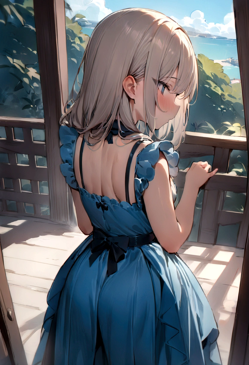 (masterpiece, 最high quality, high quality, High resolution:1.4)Hayao Miyazaki，anime，blue sea，Blue sky，Children in blue clothes，Back view，