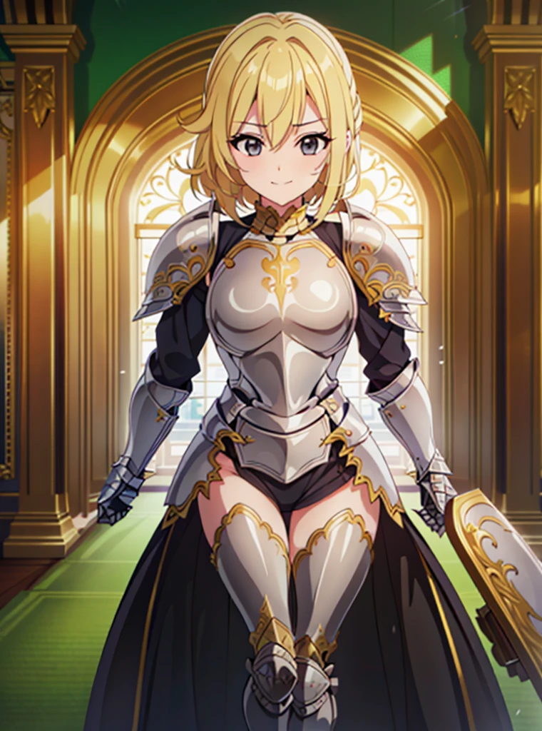 (masterpiece),(ultra-detailed), (high quality), (high resolution), (best quality:1.5, highres, UHD), highres, absurdo, ultra detail, ultra quality, (3heads:1.5), 1girl, ((golden blonde hair)), thighs, (gray armor), female warrior, (fully armored), medium hair, (medieval outfit), (black eyes), armored chest piece, gorgeous female knight, Guild Clothes with Armor, Fantasyart:1.5, (1 Female Knight:1.5), Detailed and detailed depiction armor, (seductive smirk), detailed eyes