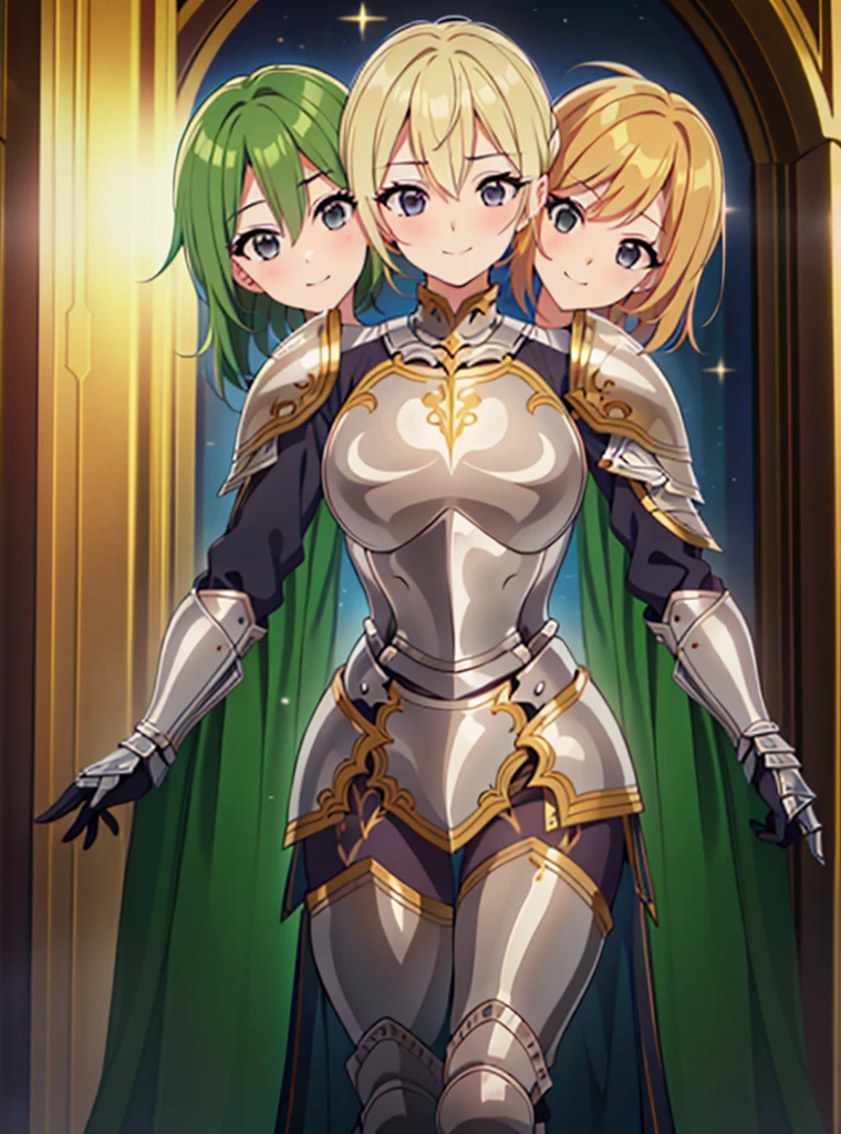 (masterpiece),(ultra-detailed), (high quality), (high resolution), (best quality:1.5, highres, UHD), highres, absurdo, ultra detail, ultra quality, (3heads:1.5), 1girl, ((golden blonde hair)), thighs, (gray armor), female warrior, (fully armored), medium hair, (medieval outfit), (black eyes), armored chest piece, gorgeous female knight, Guild Clothes with Armor, Fantasyart:1.5, (1 Female Knight:1.5), Detailed and detailed depiction armor, (seductive smirk), detailed eyes