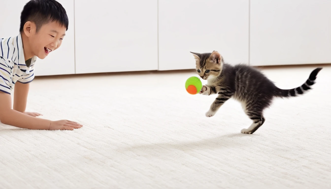 A boy is playing with a kitten using a small ball。The kitten is happily chasing the ball。