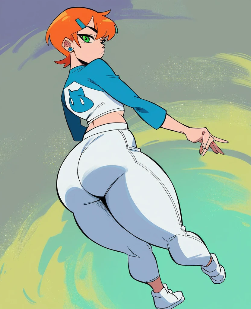 gwen, 1girl, solo, two-tone orange hair, short hair, long hair-bang, blue hairclip, blue stud earrings, green eyes, raglan sleeves, two-tone blue cat print shirt, white capri pants, white footwear, standing, huge ass, juciy ass, back few, looking back at viewer, seductive expression, thick thighs, dangling cock, big cock, huge ass cheeks 