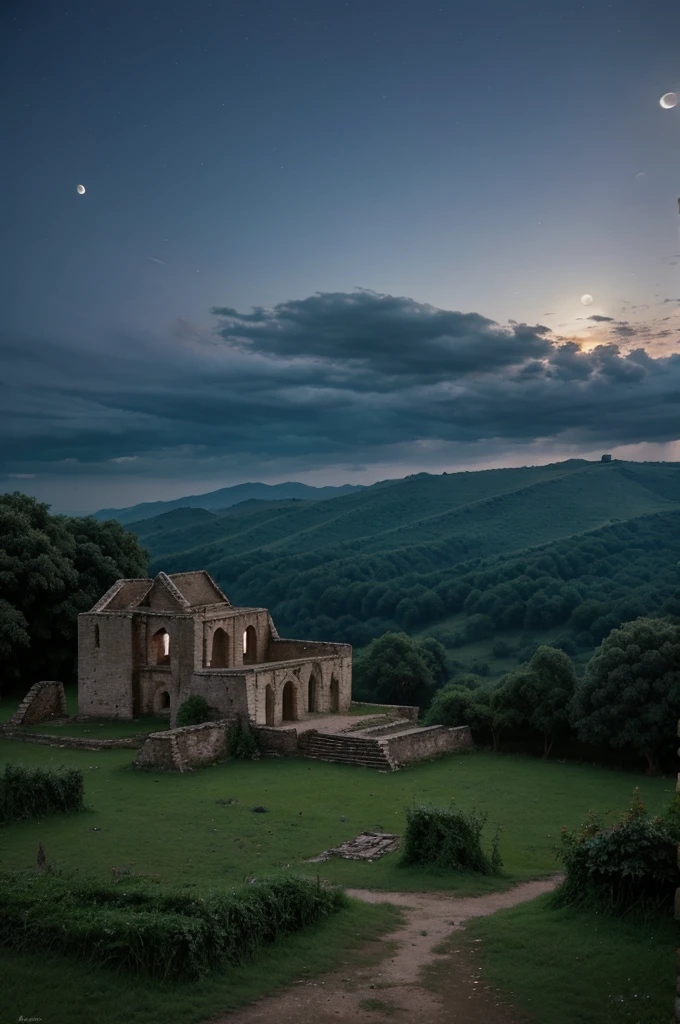 It was night, and the moon was hidden behind the clouds. A little distance from the village was a ruin, known to the locals as the 'Haunted Palace.' The villagers believed that spirits roamed the palace at night. Landscape 