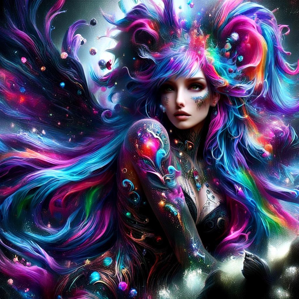 a close up of a woman with colorful hair and tattoos, colorfull digital fantasy art, fantasy dark art, gothic fantasy art, vibrant fantasy style, fantasy art style, beautiful fantasy art, epic 3 d abstract emo girl, detailed fantasy digital art, gorgeous digital art, amazing fantasy art, digital art fantasy, fantasy digital art, colorful and dark, anime fantasy artwork