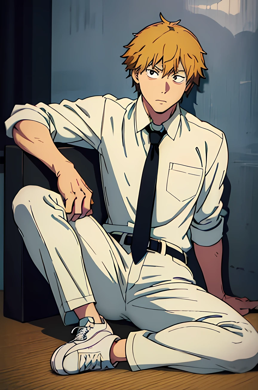 denji, looking to left, sitting, on the floor, arm resting on his knee, closed mouth, black necktie, white shirt, collared shirt, sneakers, black pants, sleeves rolled up, masterpiece, best quality, full body