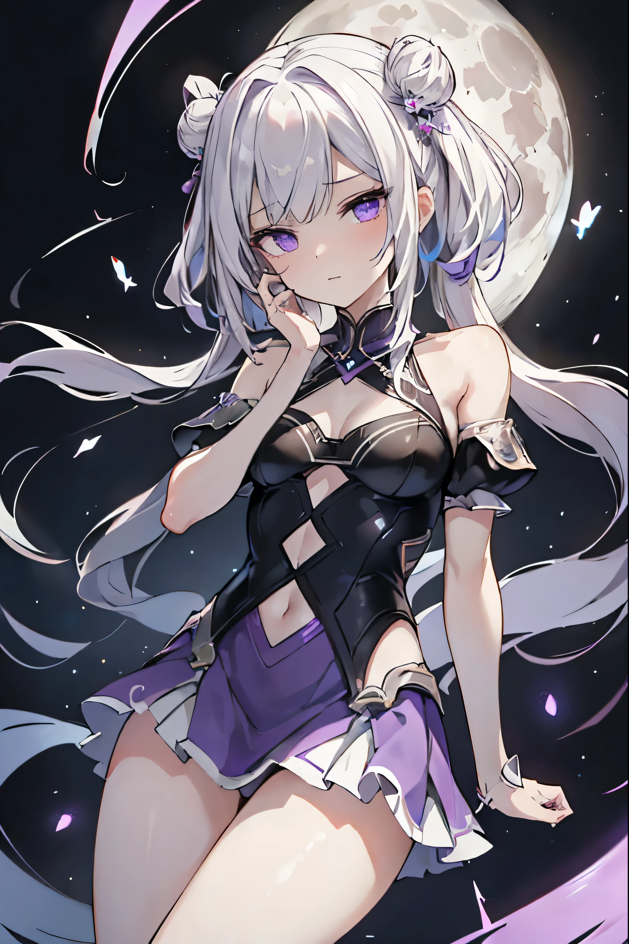 1girl, anime, cute girl, blank background, white background, fantasy, detailed fantasy dress with highlights, beautiful face, beautiful eyes, dark colors, black hair with multicolor streaks, red eye with different color pupil in eye, multicolor eye, medium breasts, slight cleavage, beautiful skin, cute, breast curtains, extremely delicate and beautiful, (beautiful detailed face:1.0), (detailed deep eyes), symmetrical breasts, deep eyes, shiny skin, portrait, slender waist, hips wider than shoulders, thighs, expressionless, young girl, luminous eyes, adorable,(Kpop idol),(aegyo sal:1),(Platinum blonde hair:1),((puffy eye)),Black panty,sexy posture,Superskirt, Ultra-high resolution,Black collar,slim figure, Abdominal y tattoo, womb tattoo,Tight-fitting leg ring,y tattoo on half-body,Bare skin, Armored hand,Hidden fingertips,Hand covered,Arm covered,Fist covered,{{beautiful detailed fingers}}, tufts of hair, moderate beautiful breast:1.0,(masterpiece:1.2), best quality, high-res, HDR, perfect face, intricate armor, delicate blue filigree, intricate filigree, red metalic parts, detailed part, dynamic pose, dynamic lights, cute face, neutral expression, shuimobysim, lotus, Hanfu, maxi skirt, dress conservatively 1girl, solo, long blue hair, standing, One lady,14years,((White hair) ,(Shiny purple bodysuit with microskirt),((Fantasy, Moon Night)), gradient_eyes,