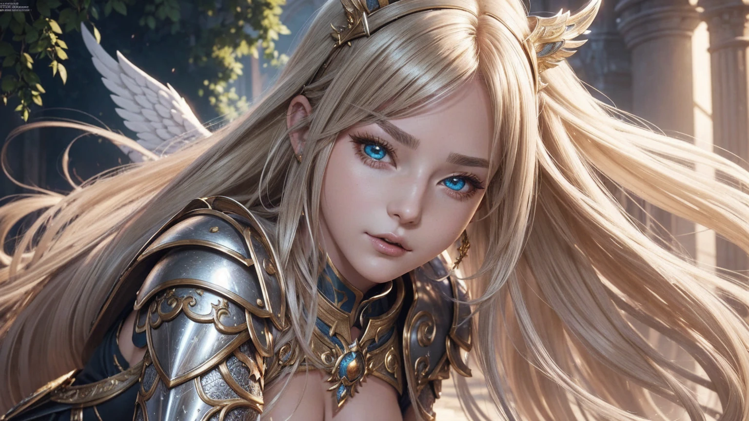 highly detailed fantasy artUltra-burly body、Flying hair,highly details eye,pretty eyes,busty, Detailed beautiful face, feminine ,musculature、Intricate openwork pattern armor,Thick wild hair,Fantasy setting,Full body standing painting,dynamicposes,white backgrounid,2D character concept,character art,Character portrait,tmasterpiece,best qualtiy,Best resolution,Strong visual impact,8K, angel girl, blonde platinum long hair, (hair on knees), heterochromia, gold paladin armor, final fantasy, (cute rounded face), childish face