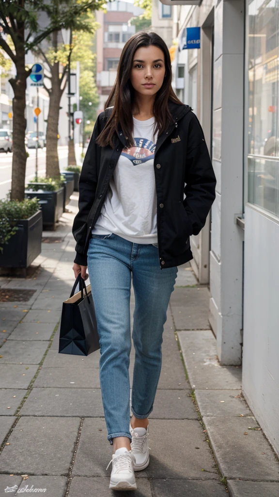 Woman, full length, walking diagonally to her left, wearing casual clothing, sneakers, detailed face, dark hair, returned from shopping, detailed face.