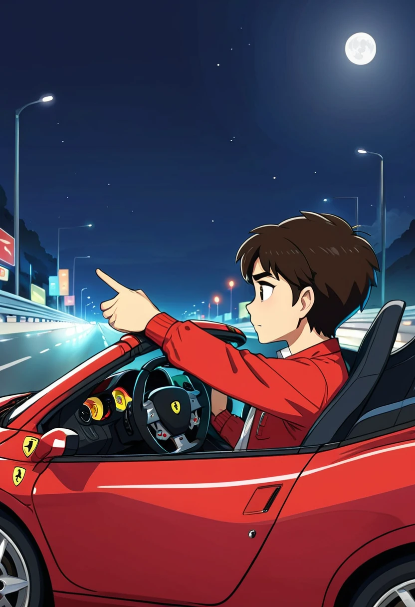 generate a cartoon illustration with a side view of a ferrari car in the middle of a night highway, the driver drives with one hand on the steering wheel and the other resting on the car window.