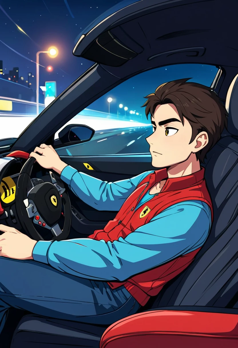 generate a cartoon illustration with a side view of a ferrari car in the middle of a night highway, the driver drives with one hand on the steering wheel and the other resting on the car window.