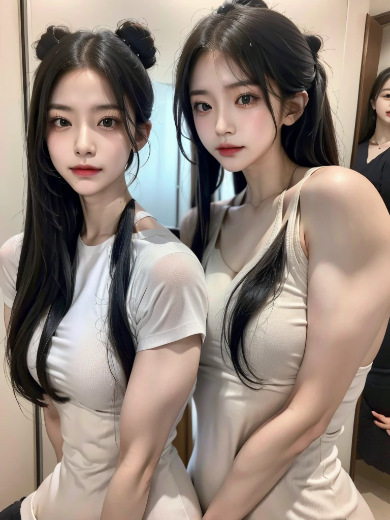 Four girls in school uniforms pose for a photo in front of a mirror,jitome,Tentacle hair,Strong muscles,Strong shoulders,Strong body,Expressionless eyes,,Bow your head,Gray hair.Gray long hair,White hair,There are no shoulder straps,Black clothes,(Flat chest 1.2),Angry expression,,Look at the audience,avatar,portrait,Smirk,cruel korean goth girl, korean girl, Gray long hair飘逸,The feeling of the wind blowing,avatar,portrait,,Bangs covering eyes,Flowing hair,Show your arms