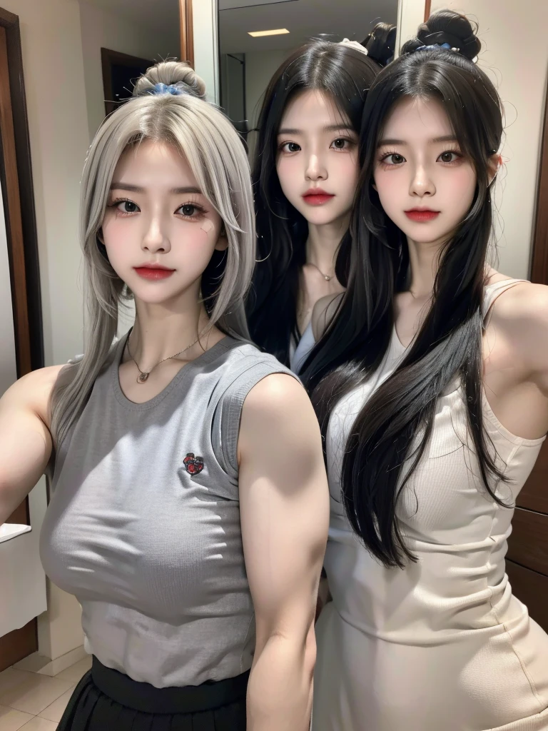 Four girls in school uniforms pose for a photo in front of a mirror，jitome，Tentacle hair，Strong muscles，Strong shoulders，Strong body，Expressionless eyes，，Bow your head，Gray hair.Gray long hair，White hair，There are no shoulder straps，Black clothes，（Flat chest 1.2），Angry expression，,Look at the audience，avatar，portrait，Smirk,cruel korean goth girl, korean girl, Gray long hair飘逸，The feeling of the wind blowing，avatar，portrait，，Bangs covering eyes，Flowing hair，Show your arms