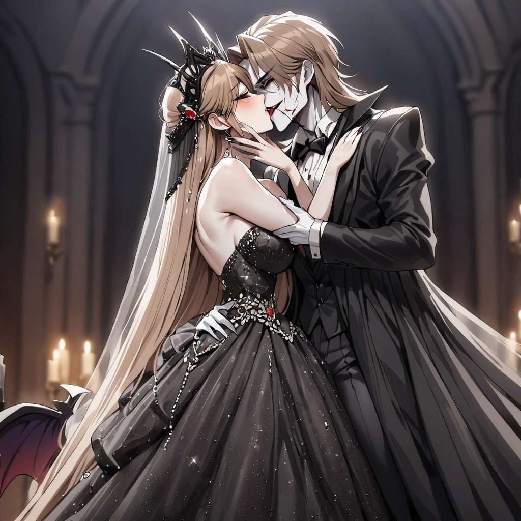 ((Highest quality)), ((masterpiece)), (detailed), (Perfect Face)、The woman was Princess Leona, with medium-long light brown hair, and was wearing a luxurious bridal outfit consisting of a lavishly jeweled black wedding dress, a gorgeous black wedding veil, and gorgeous jeweled accessories.、A woman is married to the majestic vampire Count Dracula, with an embrace and a kiss of vows.