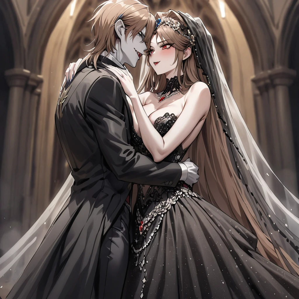 ((Highest quality)), ((masterpiece)), (detailed), （Perfect Face）、The woman was Princess Leona, with medium-long light brown hair, and was wearing a luxurious bridal outfit consisting of a lavishly jeweled black wedding dress, a gorgeous black wedding veil, and gorgeous jeweled accessories.、A woman is married to the majestic vampire Count Dracula, with an embrace and a kiss of vows.