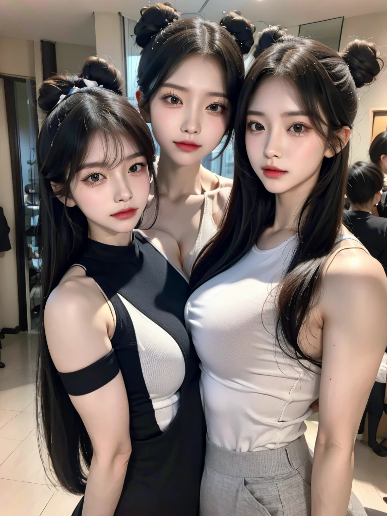 Four girls in school uniforms pose for a photo in front of a mirror，jitome，Tentacle hair，Strong muscles，Strong shoulders，Strong body，Expressionless eyes，，Bow your head，Gray hair.Gray long hair，White hair，There are no shoulder straps，Black clothes，（Flat chest 1.2），Angry expression，,Look at the audience，avatar，portrait，Smirk,cruel korean goth girl, korean girl, Gray long hair飘逸，The feeling of the wind blowing，avatar，portrait，，Bangs covering eyes，Flowing hair，Show your arms