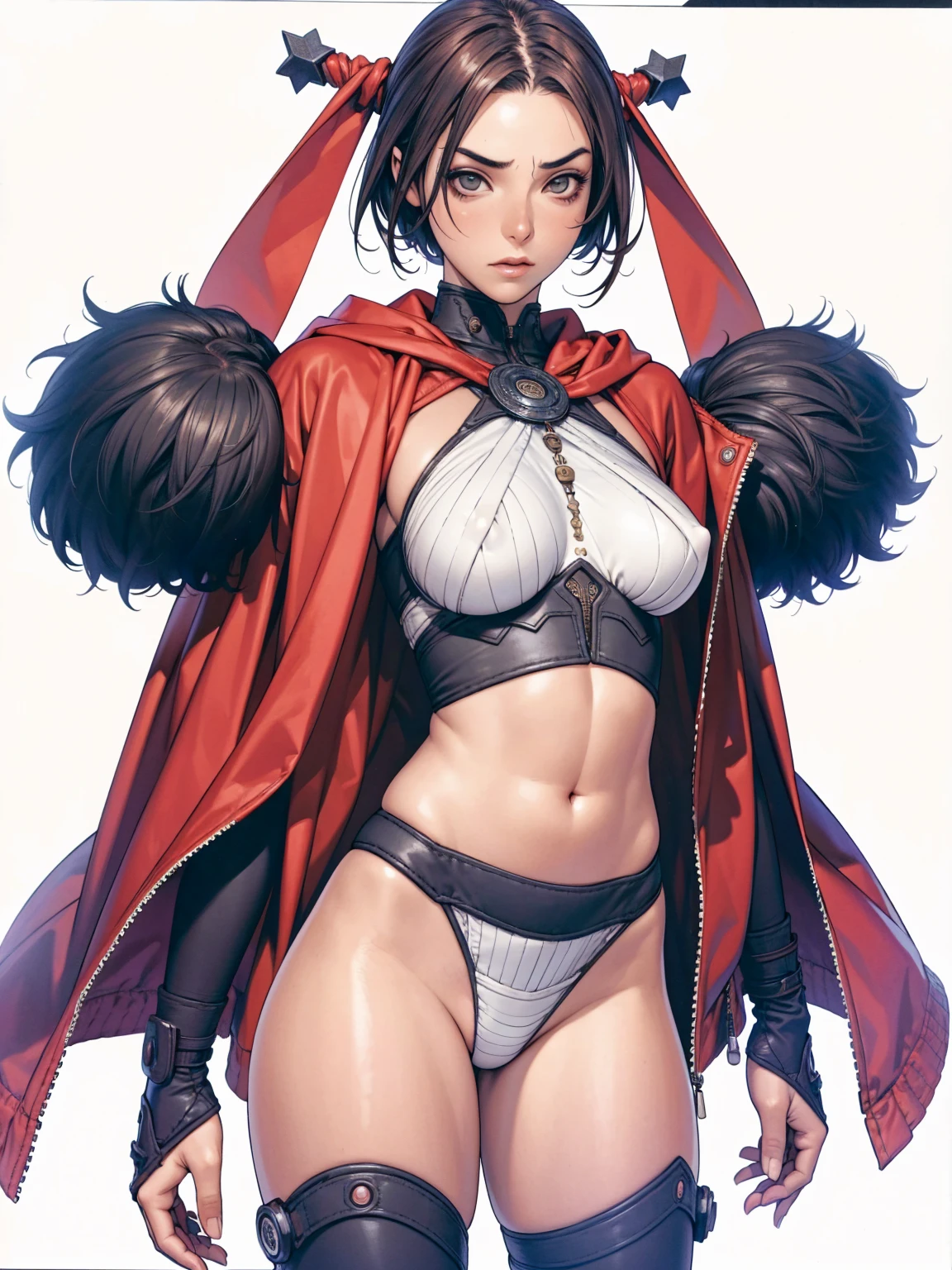 (((Annie Lennox))), (((Dark red))), (scars), (((Bandaged body))), ((hooded cloak)), (((Goggle na head))), (((Talk Girl))), (((best qualityer: 1.4))), (Unbeatable masterpiece), (hiper HD),(CG 8k hyper-realistic), (((brave face))), (((breasts big))), (((hyper feminine))), sexly girl, black tattoo,(ultra short gray hair)), ((( sculptural body ))), (((1 Kizi))), Kizi tatuada de 25 anos com perfectbody,,Beautiful and well-groomed face,muscular body:1.2,solid color detailed jacket, (Head to thigh photos), Complex equipment, green dark,long pants,Tight clothes are dark,With white stars and off-white stripes,,,,,Armor Metal Electronic Parts, Poison tattoos ) INFO, Kizi, (((standing alone))), pirralha violent, ((())), sexly, pose de atitude, work of art, post-apocalypse, (((manga style))), bounty hunter, violent, Manic, the way you want, slenderbody, thin but strong, perfectbody, roupa moderna, advanced technology, Pleated mini skirt with checkered pattern in red and black, fur collar jacket, sleeves with vertical striped pattern, neutral background, (( cowboy shot )). intricate visual