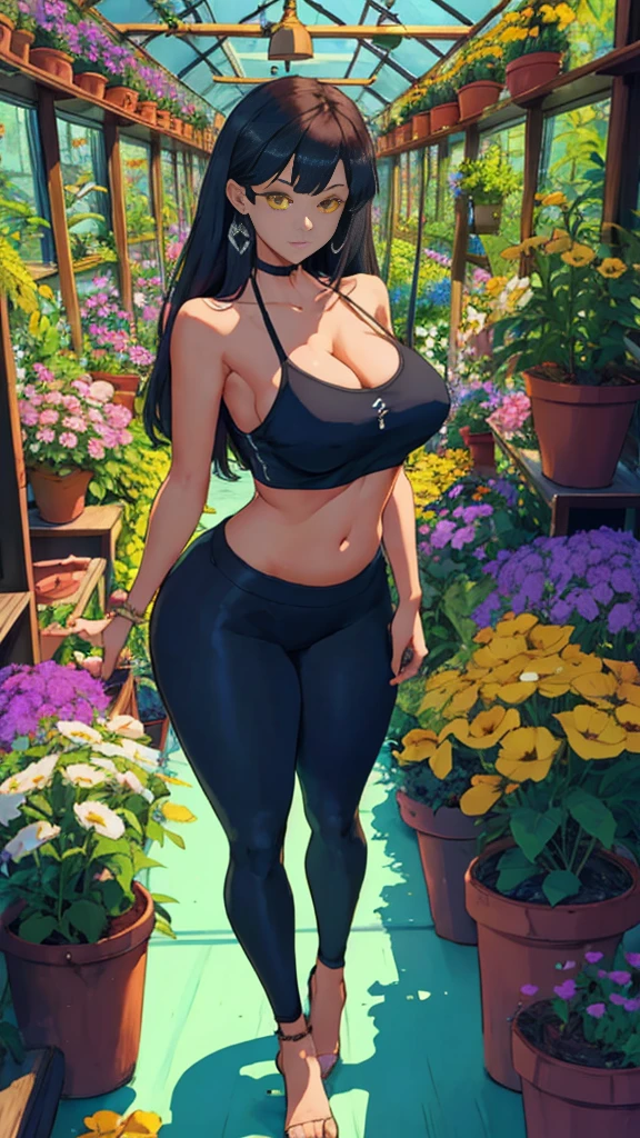 extremely delicate and beautiful, Amazing, finely detail, masterpiece, ultra-detailed, highres,best illustration, best shadow,intricate,sharp focus,  high quality, woman, solo, long hair, curvy, milf, giant breasts, sexy body, yoga pants, camisole, Glowing yellow eyes, genshin impact, glass greenhouse, flowers in pots, flowers for sale, woman looking at flowers, flowers everywhere