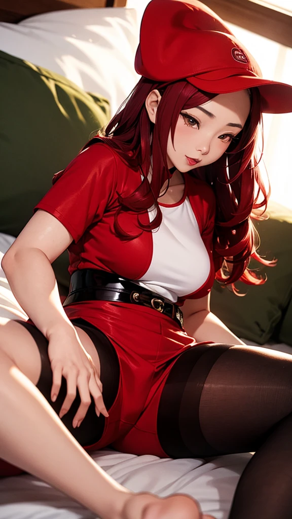 sensual asian woman, アニメ, Higher quality, woman opens her legs, redheadwear, Red hair, lying on her bed, semi new