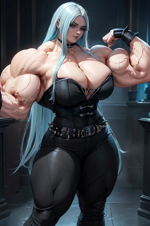 (((Massive tall, beautiful, buff, pale white skinned muscular woman with cyan hair, black lipstick, ginormous bulky muscles and wearing a beautiful black unbuttoned blouse with a beautiful black tight pants))), (close view), massive muscles, massive biceps, hyper muscle shoulders, massive muscle arms, vascular shoulders, hyper muscle triceps, (long beachy hair), (beautiful unbuttoned black blouse), purple eyes, spiky gauntlets, gloves, choker, (beautiful black tight pants with a belt), boots, (in a ghost haunted house), confidant smile, night, hyper vascular arm, hyper muscles arms, hyper muscle legs, massive arms