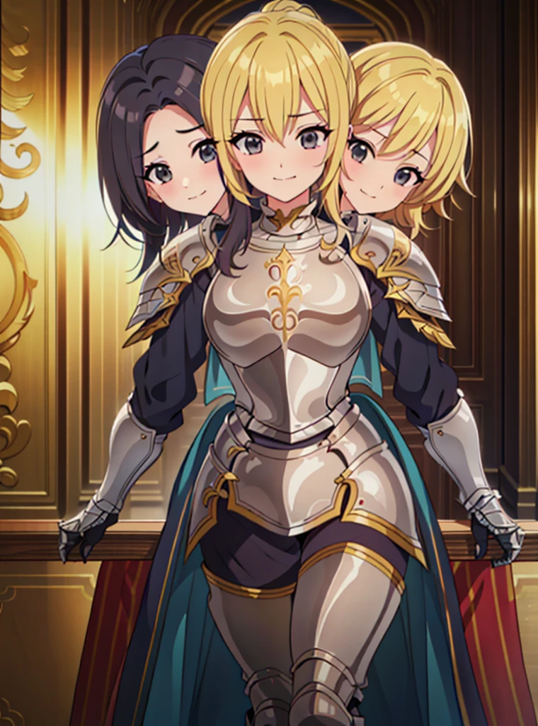 (masterpiece),(ultra-detailed), (high quality), (high resolution), (best quality:1.5, highres, UHD), highres, absurdo, ultra detail, ultra quality, (3heads:1.5), 1girl, ((golden blonde hair)), thighs, (gray armor), female warrior, (fully armored), medium hair, (medieval outfit), (black eyes), armored chest piece, gorgeous female knight, Guild Clothes with Armor, Fantasyart:1.5, (1 Female Knight:1.5), Detailed and detailed depiction armor, (seductive smirk), detailed eyes