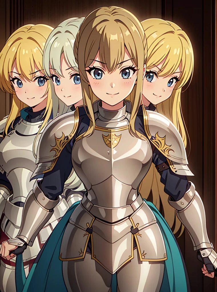 (masterpiece),(ultra-detailed), (high quality), (high resolution), (best quality:1.5, highres, UHD), highres, absurdo, ultra detail, ultra quality, (3heads:1.5), 1girl, ((golden blonde hair)), thighs, (gray armor), female warrior, (fully armored), medium hair, (medieval outfit), (black eyes), armored chest piece, gorgeous female knight, Guild Clothes with Armor, Fantasyart:1.5, (1 Female Knight:1.5), Detailed and detailed depiction armor, (seductive smirk), detailed eyes